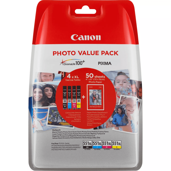 Canon CLI-551XL BK/C/M/Y Original High Capacity Black & Colour Ink Cartridge & Photo Paper Value Pack