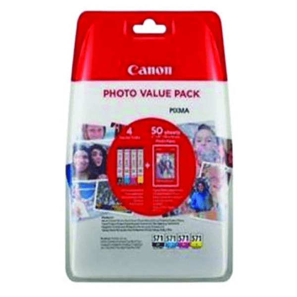 Canon CLI-571 BK/C/M/Y Original Black & Colour Ink Cartridge & Photo Paper Value Pack