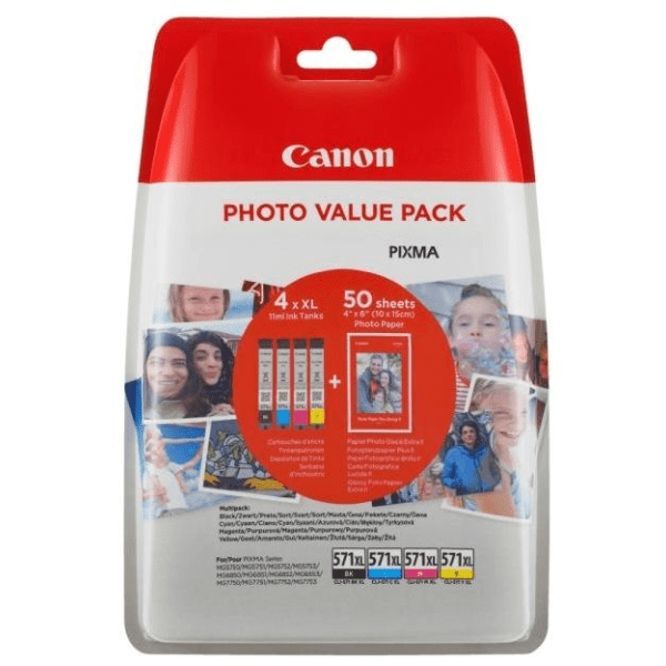 Canon CLI-571XL BK/C/M/Y Original High Capacity Black & Colour Ink Cartridge & Photo Paper Value Pack