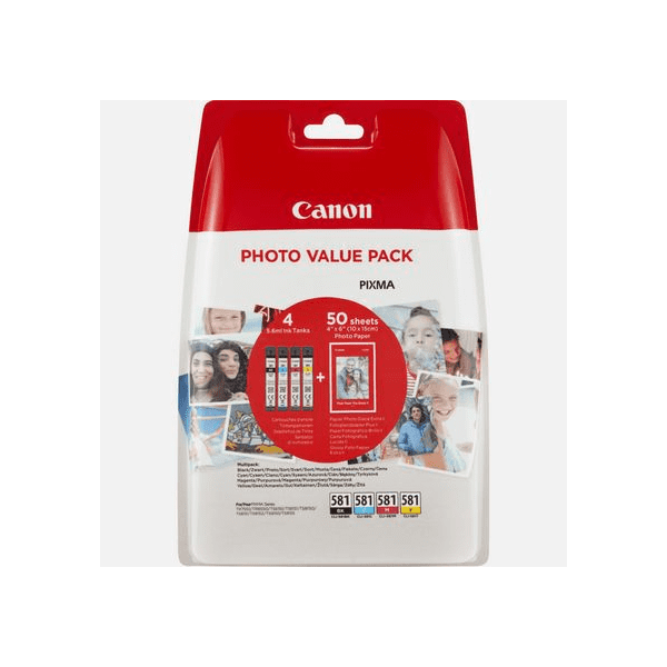Canon CLI-581 BK/C/M/Y Ink Cartridge + Photo Paper Value Pack (Original)