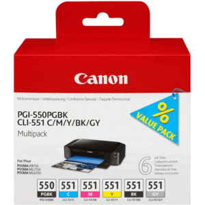 Canon PGI-550PGBK, CLI-551 BK/C/M/Y/GY Original Black & Colour Ink Cartridge 6 Pack