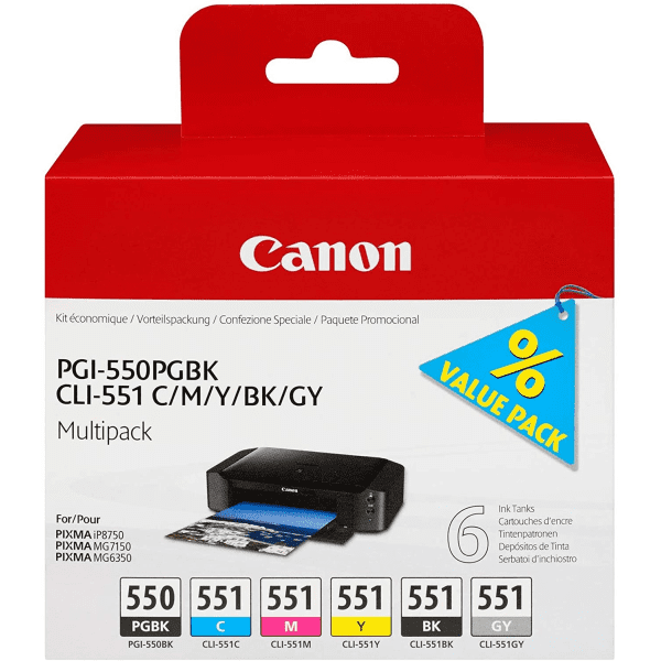 Canon PGI-550PGBK, CLI-551 BK/C/M/Y/GY Original Black & Colour Ink Cartridge 6 Pack