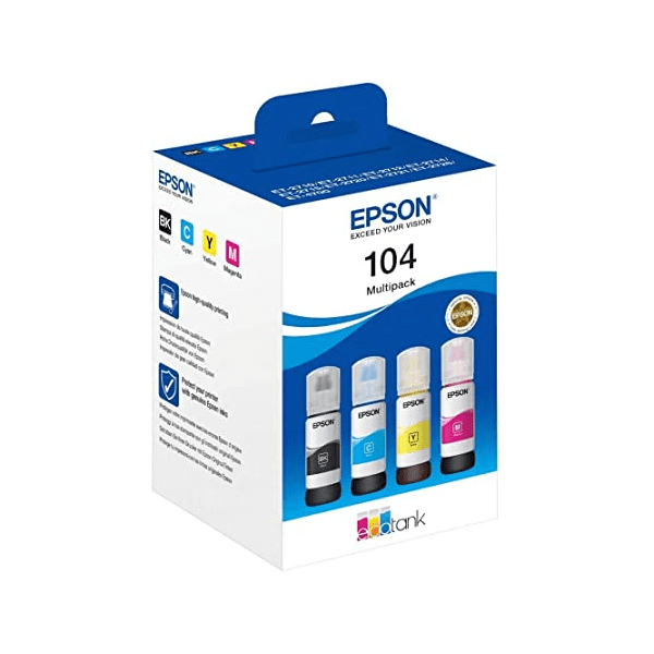 Epson 104 (BK/C/M/Y) Black & Colour Ink Bottle 4 Pack (Original)