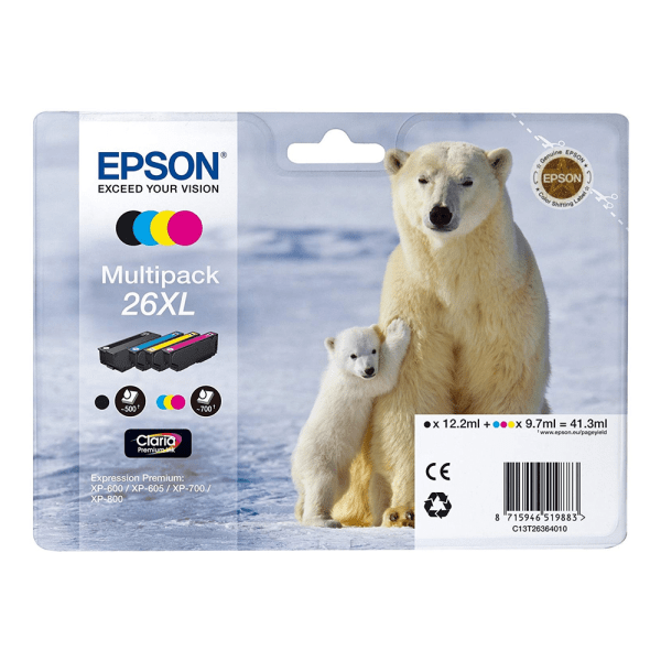 Epson 26XL Black & Colour High Capacity Ink Cartridge 4 Pack (Original)