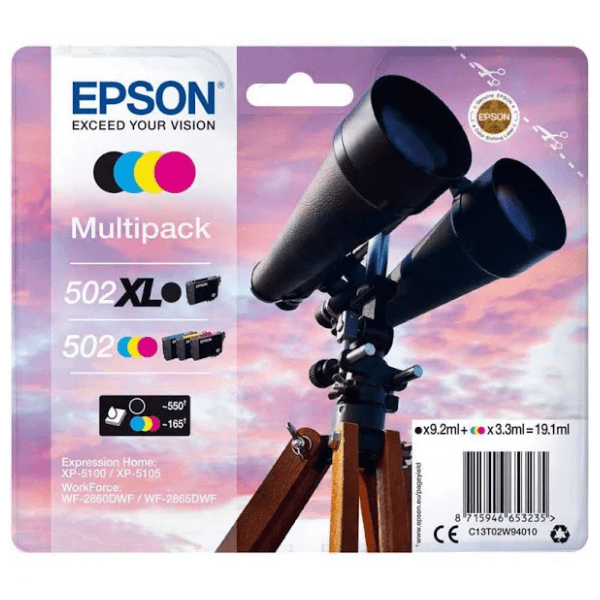 Epson 502XL BK / 502 CMY High Capacity Ink Cartridge 4 Pack (Original)